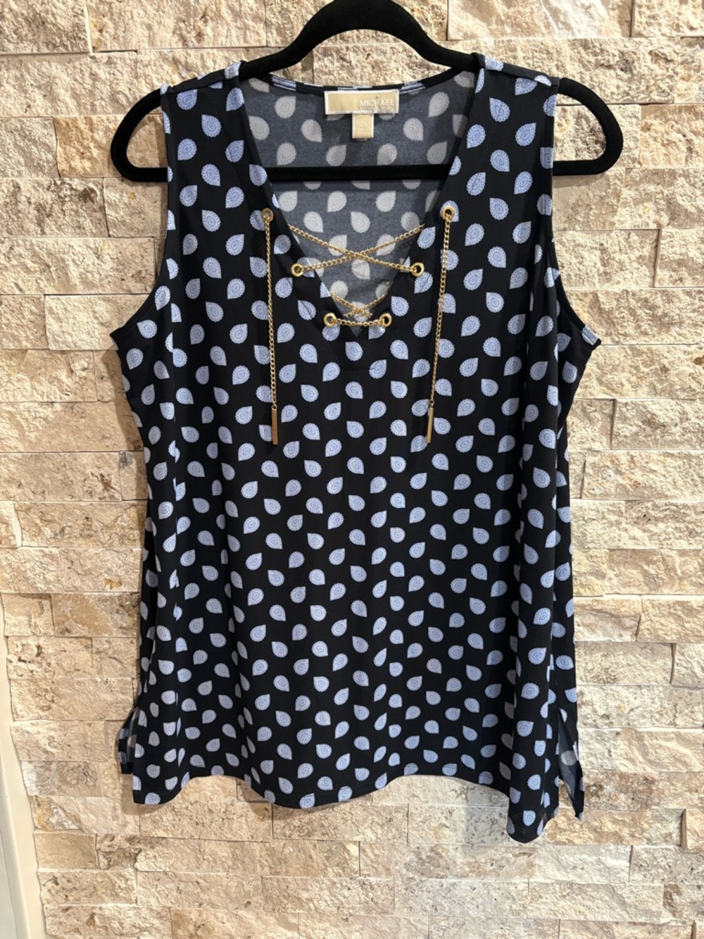 Michael Kors navy blue Tank with Light Blue Paisley Dots & Gold Chain Detail